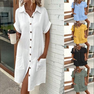 Plus Size Vintage Women Solid Mini Dress Summer V-neck Short Sleeve Dress Ladies Casual Holiday Shirt Dresses