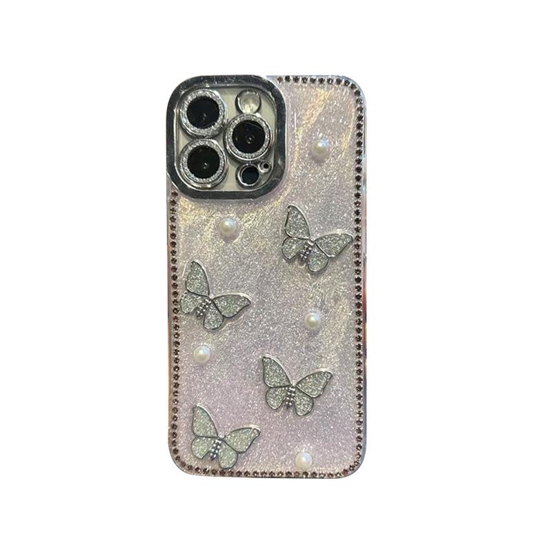 Rhinestone Butterfly Pearl Mobile Phone Case Is Suitable For Apple 17Promax Epoxy Glitter Iphone16 Fine Hole Anti-Drop Women