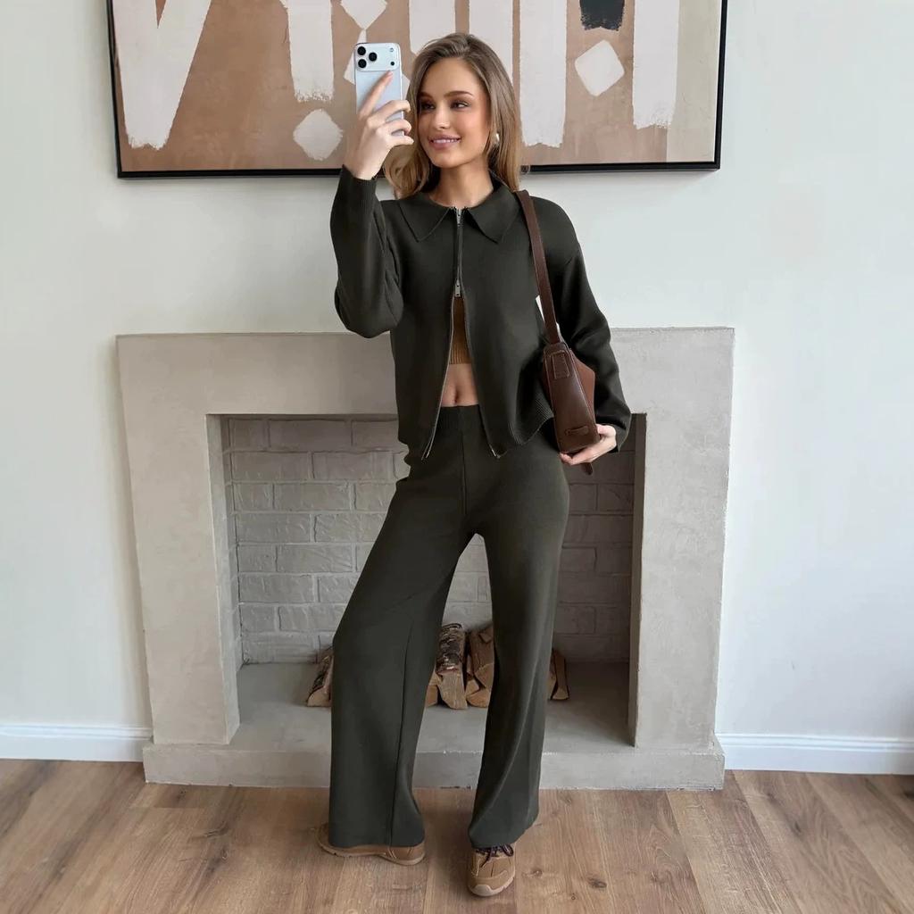 Russian and European style solid color long-sleeved zipper cardigan knitted suit + wide-leg trousers two-piece women's clothing