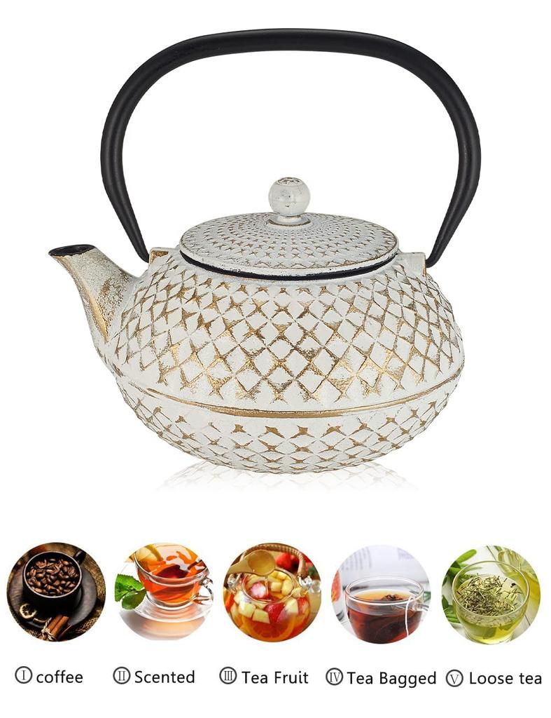 Nanbu Ironware Cast Iron Teapot, Induction Cooktop Compatible, Stylish Cast Iron Teapot, Handmade, Heat-Resistant Teapot, White Teapot with Tea