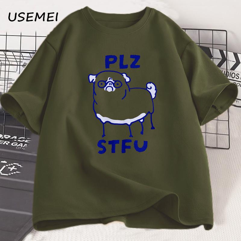 PLZ STFU Pug T Shirt Men Casual Short Sleeve Tee Shirt Meme Funny T-Shirt Vintage Drawing Racoon Animal Tshirt Streetwear Tees