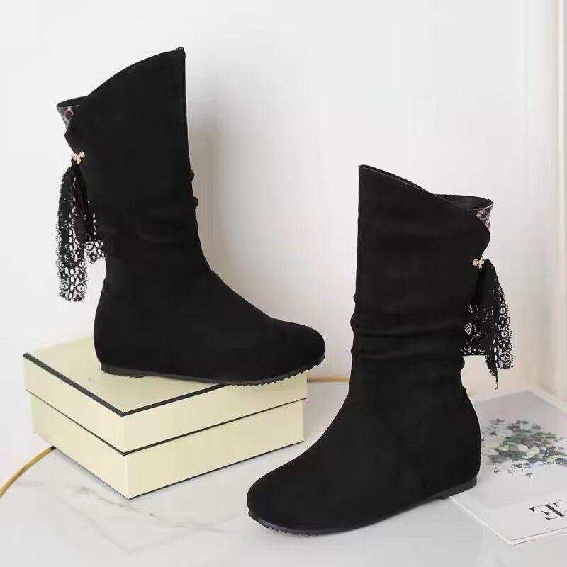 Large size flat black medium boots women's autumn and winter 2025 new women's shoes Korean versatile European and American fashion short boots women
