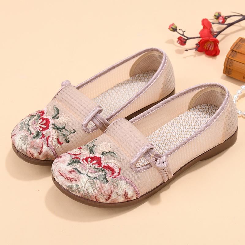 Summer New Middle-aged and Old Mesh Hollowed-out Hanfu Embroidered Shoes with Soft Soles and One Pedal Cloth Shoes for Women