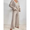 Women's Set of Loose Casual Long-sleeved V-neck Pit Striped Brushed Top and Trousers 2-piece Set