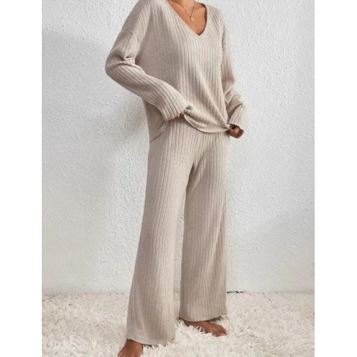 Women's Set of Loose Casual Long-sleeved V-neck Pit Striped Brushed Top and Trousers 2-piece Set