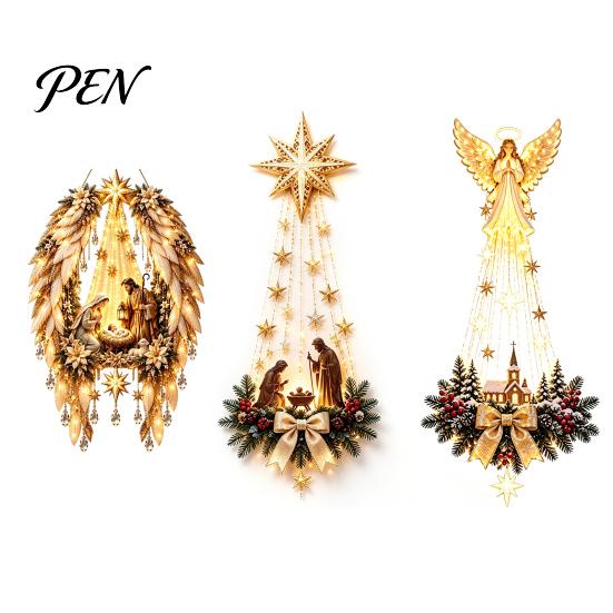 Christmas Wall Decor for Home Lighted Nativity Decor, 3D Gold Bethlehem Scene LED Hanging Light with Decorative Pine Branch Art Warm Glow, Religious