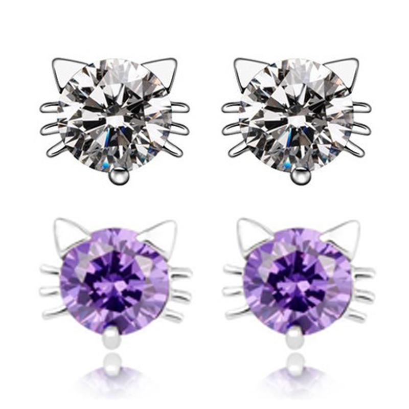 Sterling Silver Kitten Earrings Women'S Simple Earrings Design Style Temperament Small Earrings Zircon Earrings