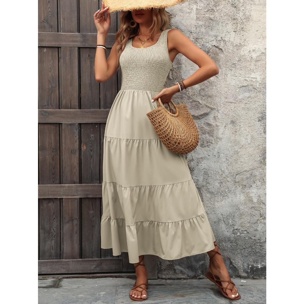 Dames U-hals Mouwloze Midi Jurk Losse Pasvorm Hoge Taille Elegante Gelaagde A-lijn Maxi Jurk