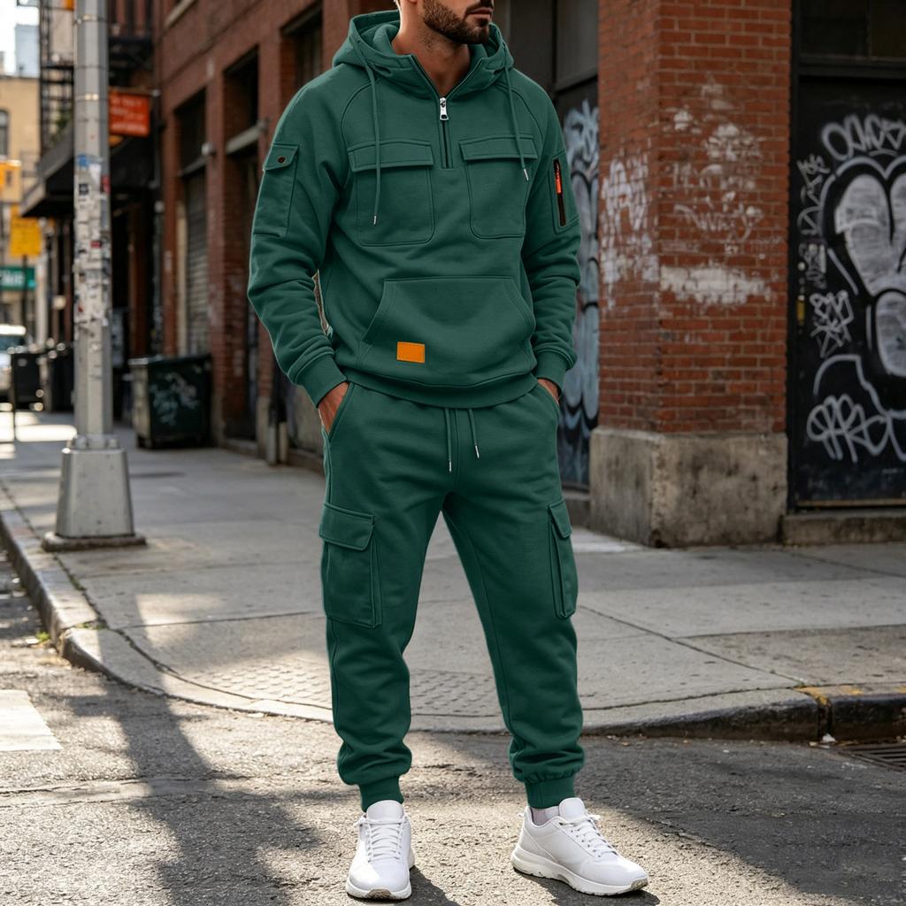 Men's Casual Multi-Pocket Set, Hoodie and Jogger Pants Two-Piece Outfit