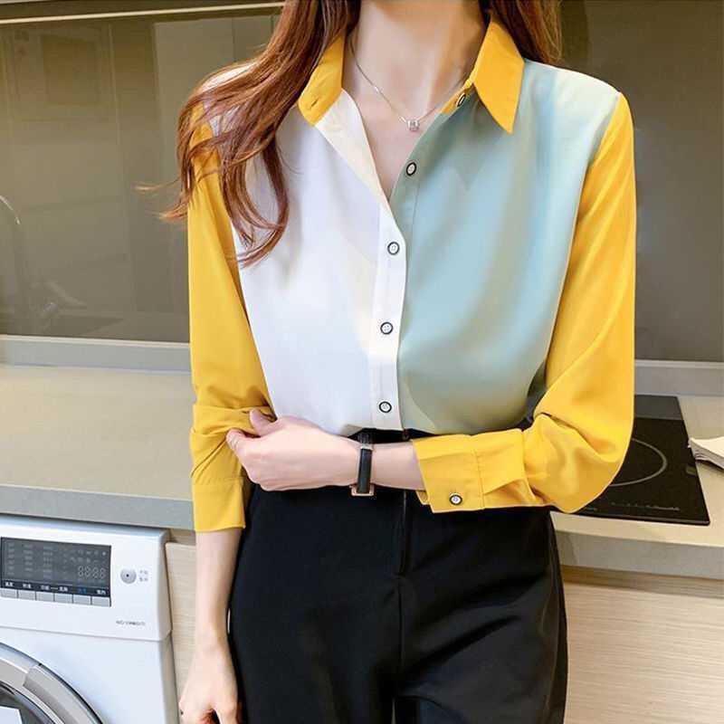 Women's Color Block Long Sleeve Shirt - Casual Loose Fit for Autumn and Spring