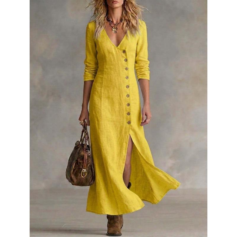 BITCED Fashion Spring Autumn Solid Color Print Long Sleeve V-Neck Casual Dresses