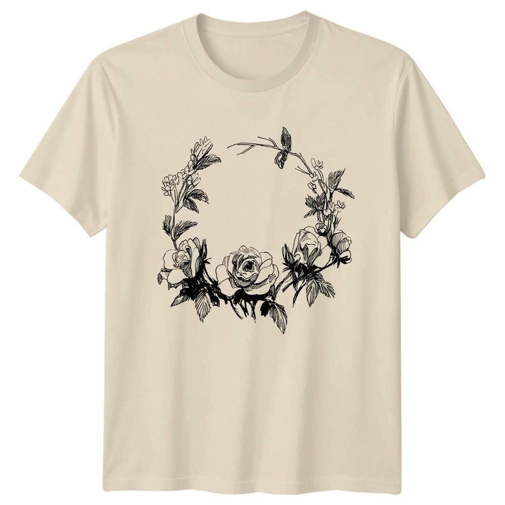 Floral Rose Wreath Black Sketch Unisexs TShirt Botanical Illustration Floral