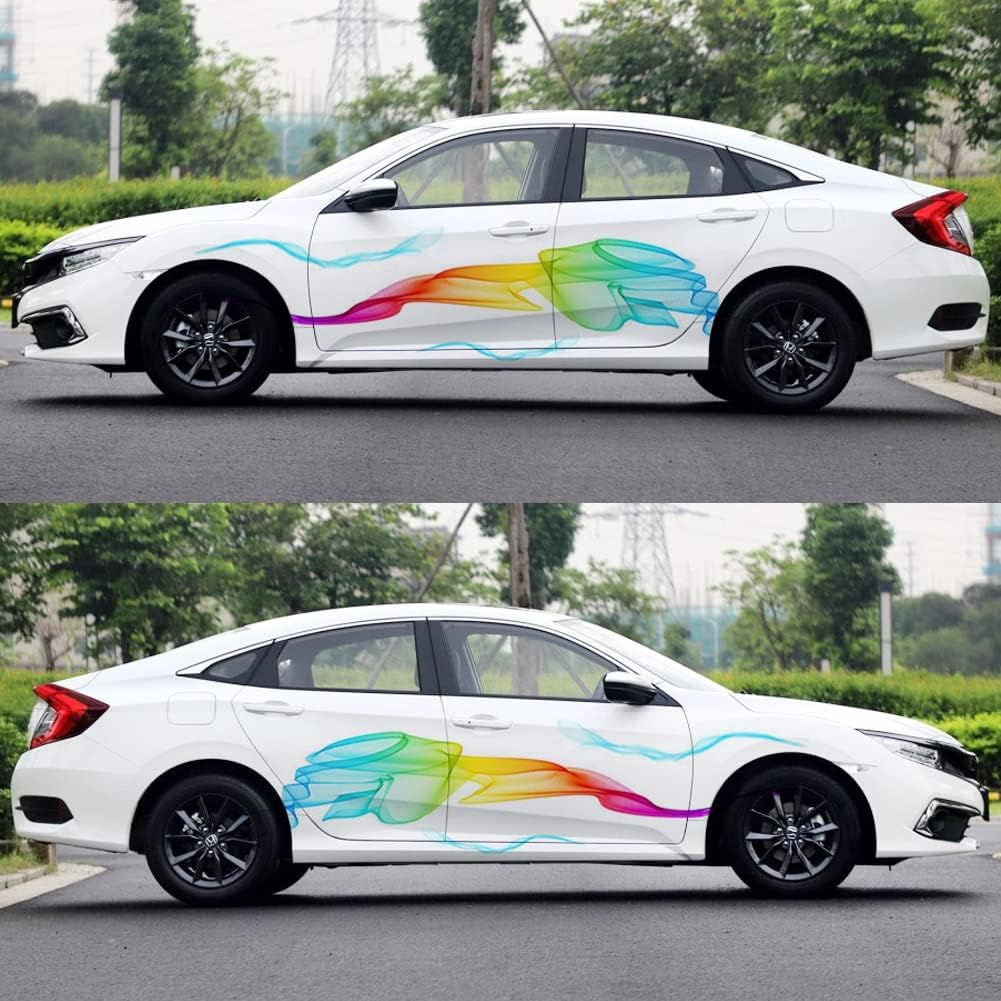 1 Set Rainbow Streamer Graphics Car Auto Body Side Sticker Colourful Smoke Vinyl Sticker Car Self-Adhesive Side Strip Decal, 82.67'' x 16.53''