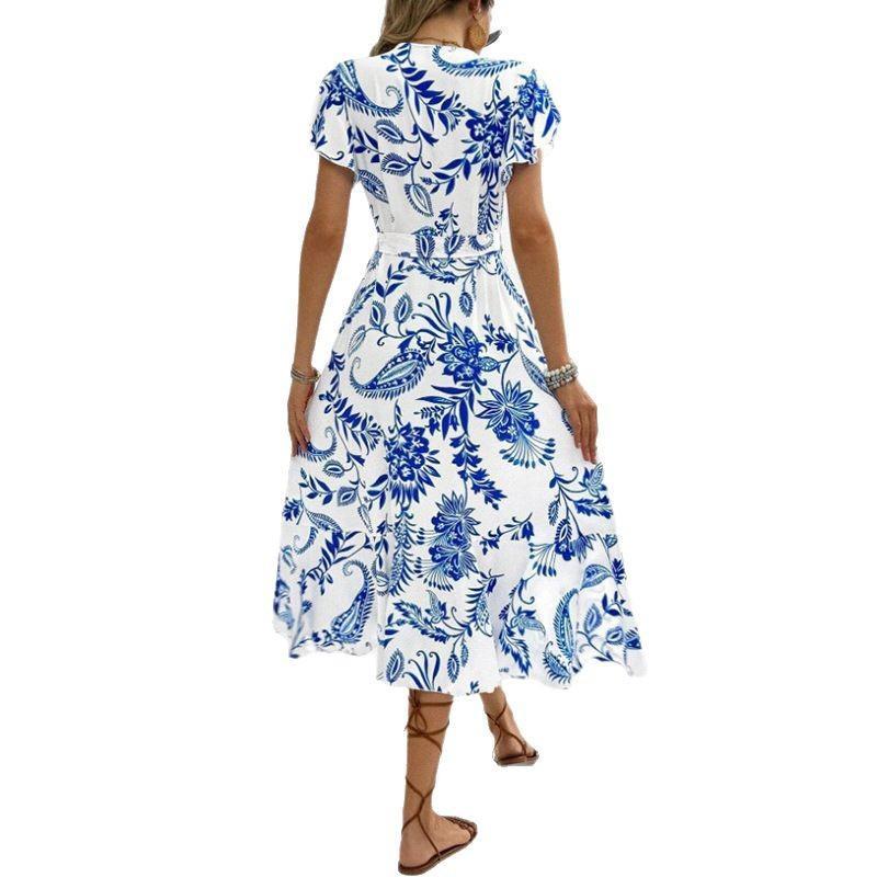 European and American women's clothing 2026 summer printed ruffle edge short-sleeved lace-up dress