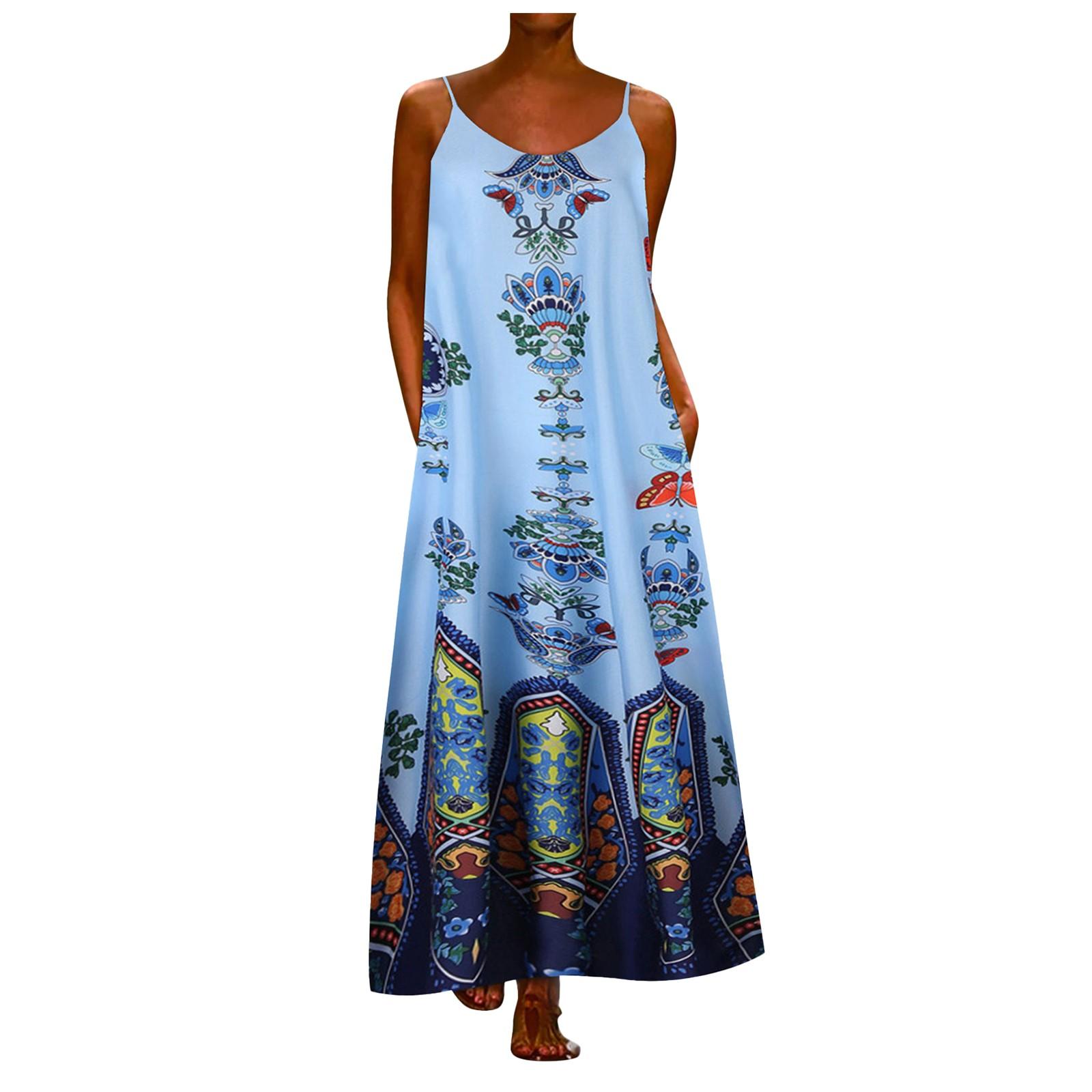 

Модное повседневное платье без рукавов с принтом в этническом стиле, женская длинная юбка на слинге XXL небесно-голубой