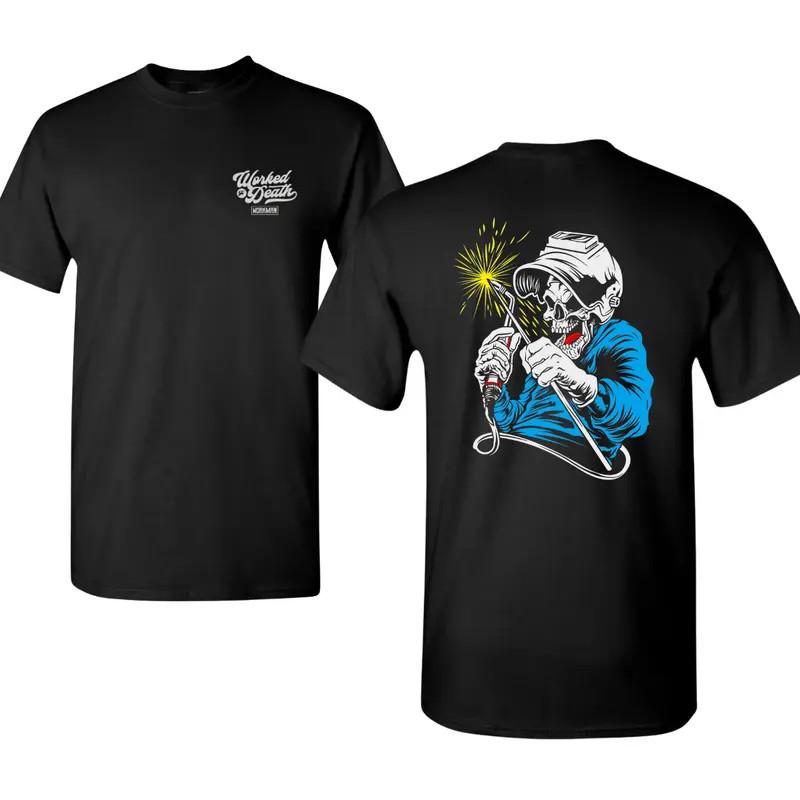 Skeleton Welder T-shirt with Arc Welding Torch Graphic and Blue Hoodie Detail