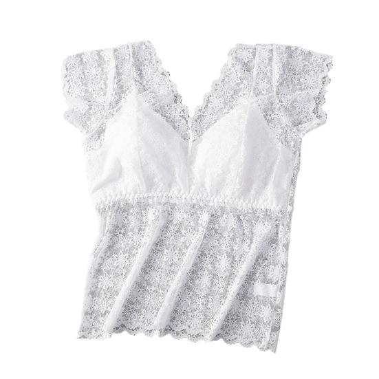Women Lace Top Mesh Sheer Short Sleeve V Neck Undershirt with Padded Bra Floral