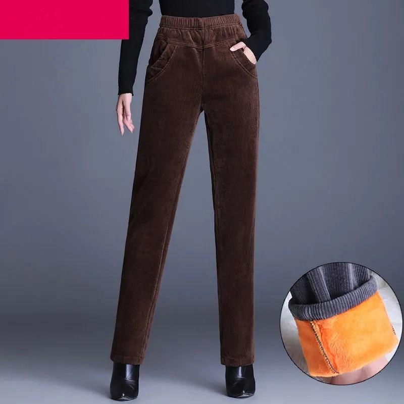 Women's Fall/Winter High-Waisted Corduroy Pants Relaxed Fit with Elastic Waistband Plus Size Thickened Fabric Casual Trousers for Mothers