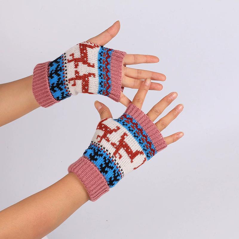 WTEMPO 1Pair Christmas Deer Pattern Knitted Gloves Couple Halloween New Half-finger Mittens Soft Colorful Warm Gloves