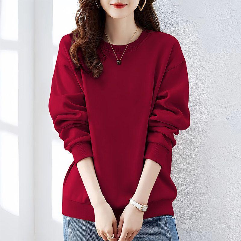 

Women s Long-Sleeve Sweatshirt, Autumn New Style, Pure Cotton, Loose Fit, Tummy-Covering, Round-Neck Top, Trendy T-Shirt Jacket for Plus-Size Women Burgundy [Solid Color] Spring/Autumn Lightweight L