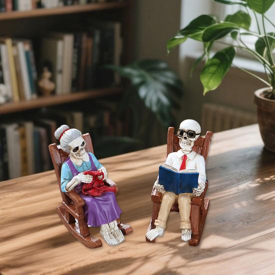 Yousheng 2 Pcs Halloween Rocking Chair Skeleton Elderly Statues Small Reading Knitting Skeleton Figurine Resin Craft for Courtyard Lawn Porch Decor