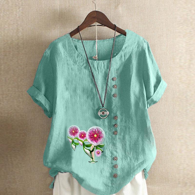 Women's Fashion Flowers Prined Short Sleeve T-shirt Loose Cotton Shirt Casual Loose Summer Blouse Tops