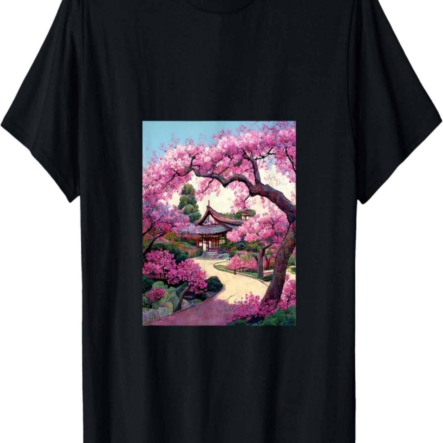 House in cherry blossom tree garden dot painting T-Shirt S чёрный