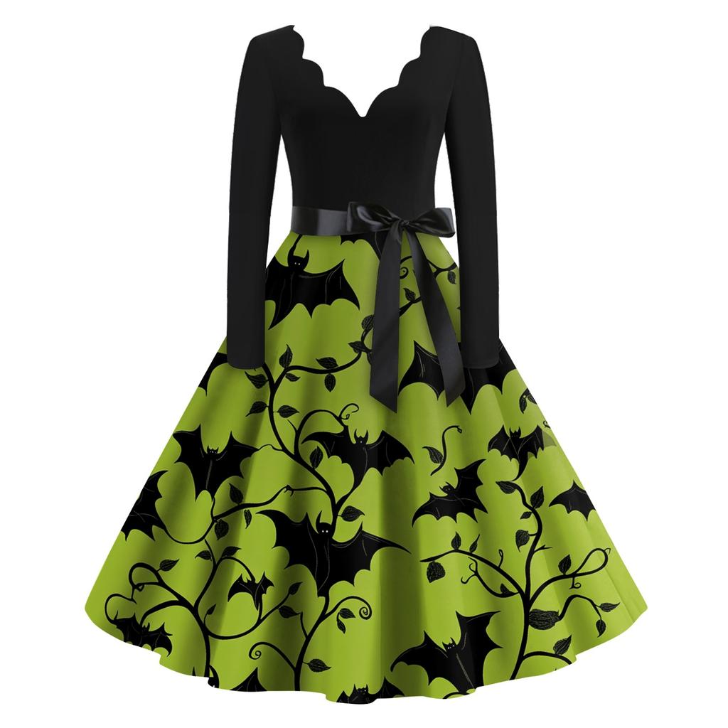 Kvinners uformelle mote Halloween trykt V-hals vintage kjole