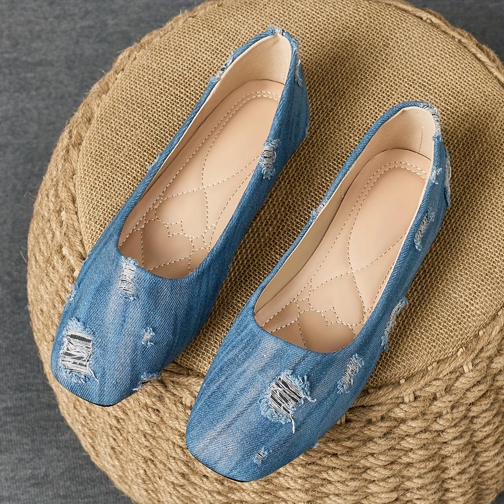 Women's Light Blue Slip-On Flats - Casual Square Toe Loafers with Ripped Detailing, Comfortable Rubber Sole Lightweight  Breathable Fabric for All-Day