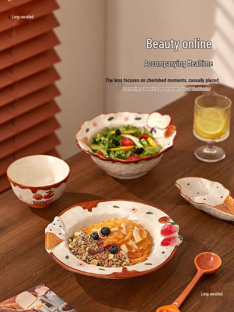 Süßes geprägtes Apfel Keramik Geschirr Set: Eisplatte, Reisschüssel, Nudelsuppenschüssel, Salat- und Pastateller