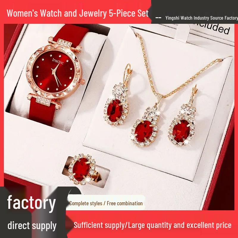 Elegant Women's 5-Piece Watch & Jewelry Gift Set: Quartz Watch, Necklace, Ring, Earrings