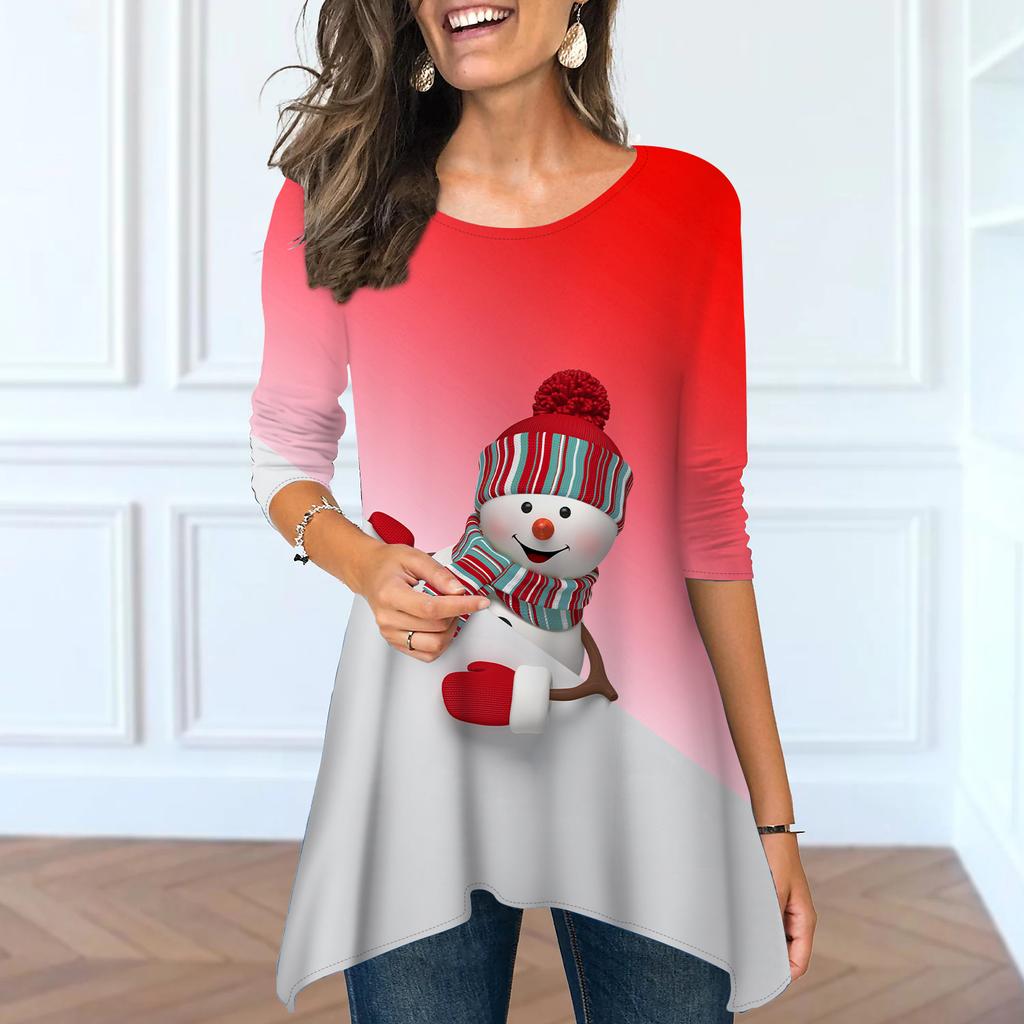 Women Spring O Neck Snow Print Tops Fashion Long-sleeved Irregular Hem T-shirt Tops