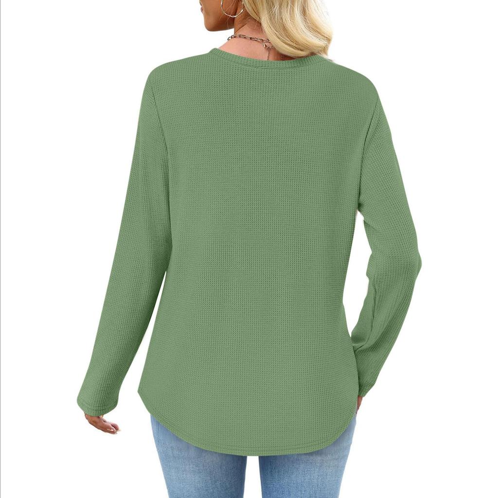 Women's European & American Style Long Sleeve Waffle Knit Top - Loose Fit Casual Pocket T-shirt