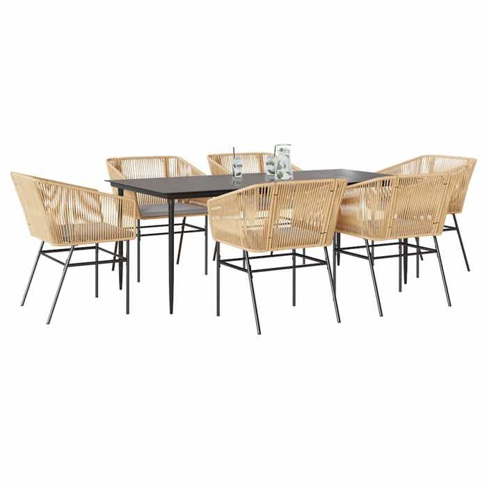 VidaXL Ensemble à manger jardin coussins 7pcs marron poly rotin verre 3334525
