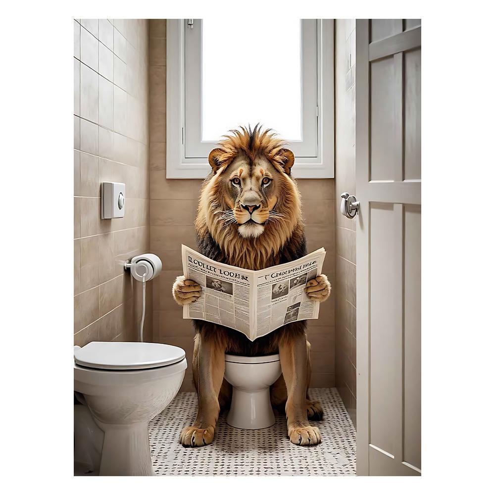 

Забавный постер с юмором для ванной комнаты Лев, сидящий на унитазе и читающий газету Художественная картина для комнаты, офиса, кафе, дома Настенный декор 20x30cm