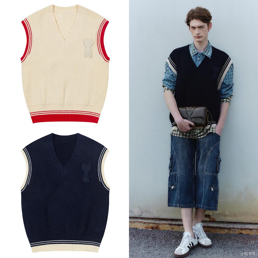 AMI ANCIENT Unisex V-Neck Love Letter Knit Vest - Autumn/Winter Color Block