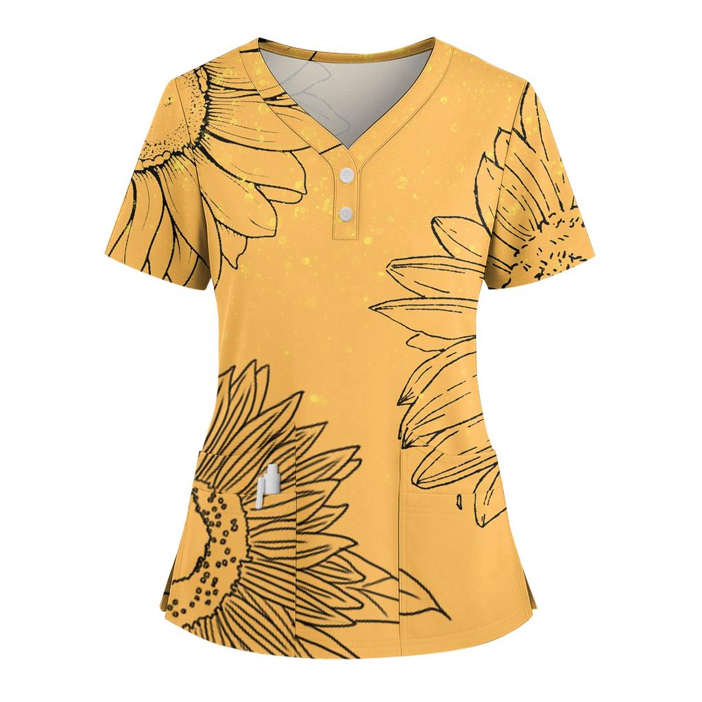 Dames Løs Kortarmet Mote Blomster- og Plante trykk V-hals Kneppbar Sideslisse Topp T-skjorte