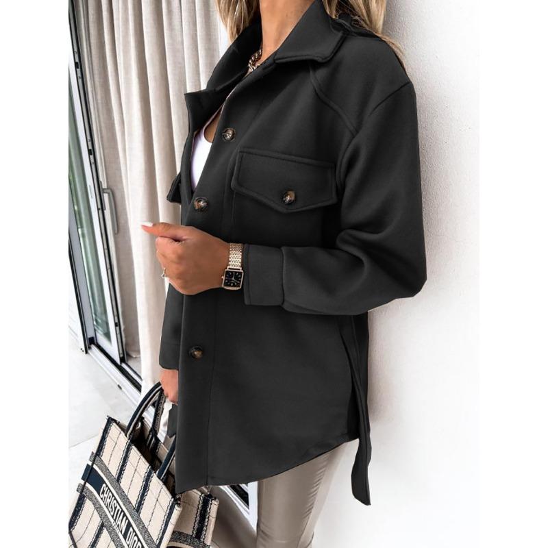 Autumn Winter Long Sleeved Cardigan Women Coats Plus Size Solid Color Casual Loose Simple Lapel Button Woolen Jackets Pockets Lace-up Women's Clothing