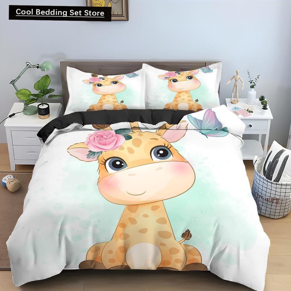 Cartoon Giraffe King Queen Duvet Cover Kids Girls Boys Animal Bedding Set Wildlife Quilt Cover 2/3pcs Polyester Comforter Cover