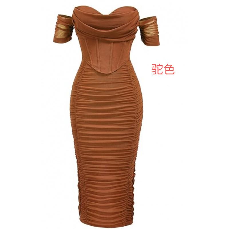 Spot new off-shoulder corset pleated medium and long dress