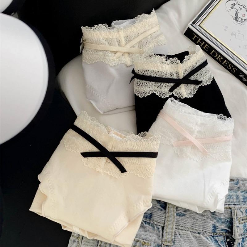 Women Sweet French Style Lace Solid Antibacterial Mid Waist Cotton Panties