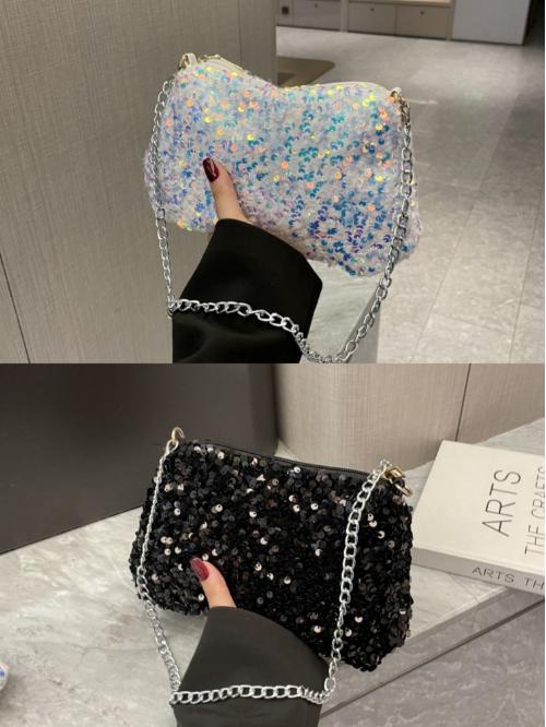 Solid Color Sequins Crossbody Bag Simple INS Chain Sequins Shoulder Bag Pocket Bag Phone Bag Small Square Bag Dinner Party