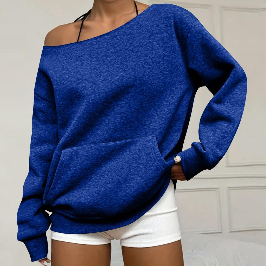 Women's Casual Fashion Solid Color Off-shoulder Long-sleeved Loose Sweatshirt With Pockets