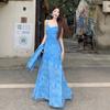Early Summer Beautiful Vacation Style French Design Sense Tie-dye Blue Suspender Dress Women's New Summer Long Dress