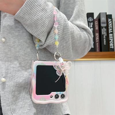 Perlen-Handschlaufe Handyhülle für Samsung Galaxy Z Flip 5 4 3 Flip5 Flip4 Flip3 5G Bunte Bling Glitzer Schmetterlingsmuster Hülle