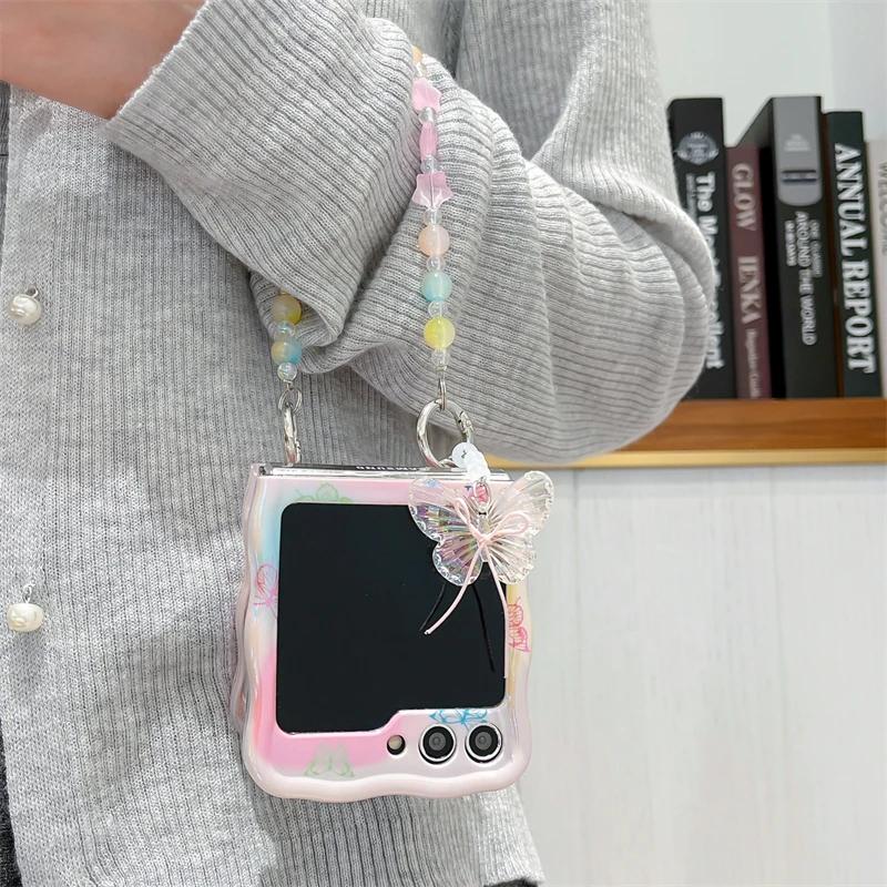 Bead Wrist Strap Phone Case for Samsung Galaxy Z Flip 5 4 3 Flip5 Flip4 Flip3 5G Colorful Bling Glitter Butterfly Pattern Cover