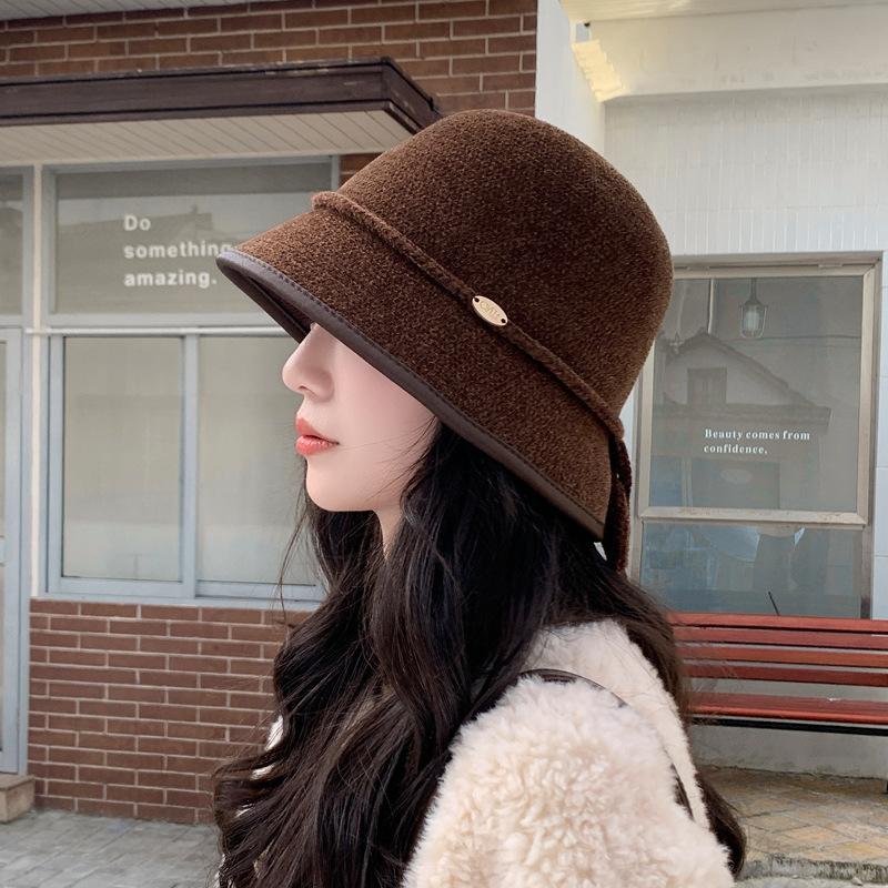 Autumn And Winter Knitted Bucket Hat, Bucket Hat, Top Hat, Small Face, Warm Basin Hat, Bow Versatile Personality