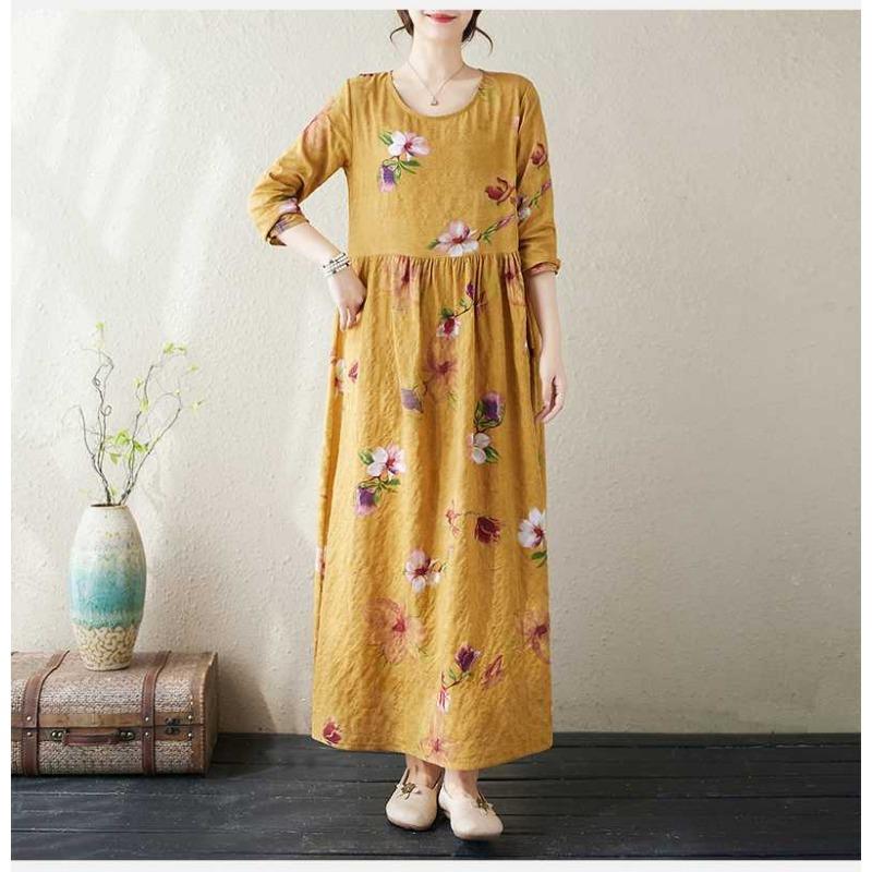 New Color Round Neck Retro Long Skirt Cotton Linen Dress