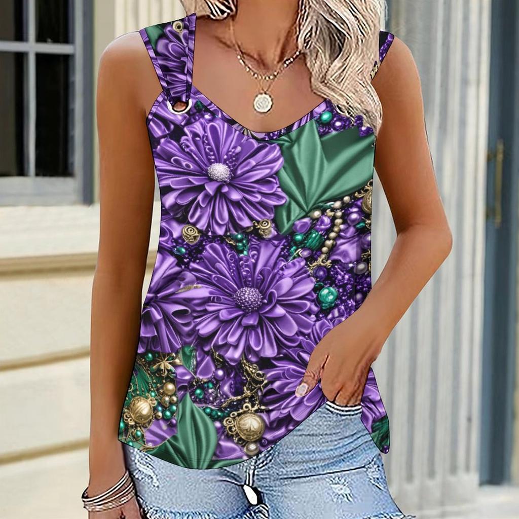 Ladies' Outdoor Casual Sports Double Loop Buckle Vest with Four-leaf Clover Print Pattern ,V-neck, Sleeveless, Medium Stretch Fabric