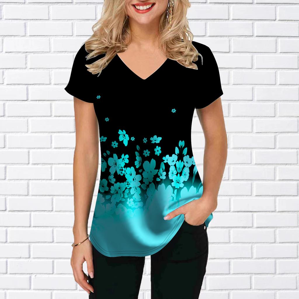 Damen V-Ausschnitt Kurzarm Sonnenblumen Blau Orchidee Bedrucktes Oberteile Lockeres T-Shirt Lässige Bluse